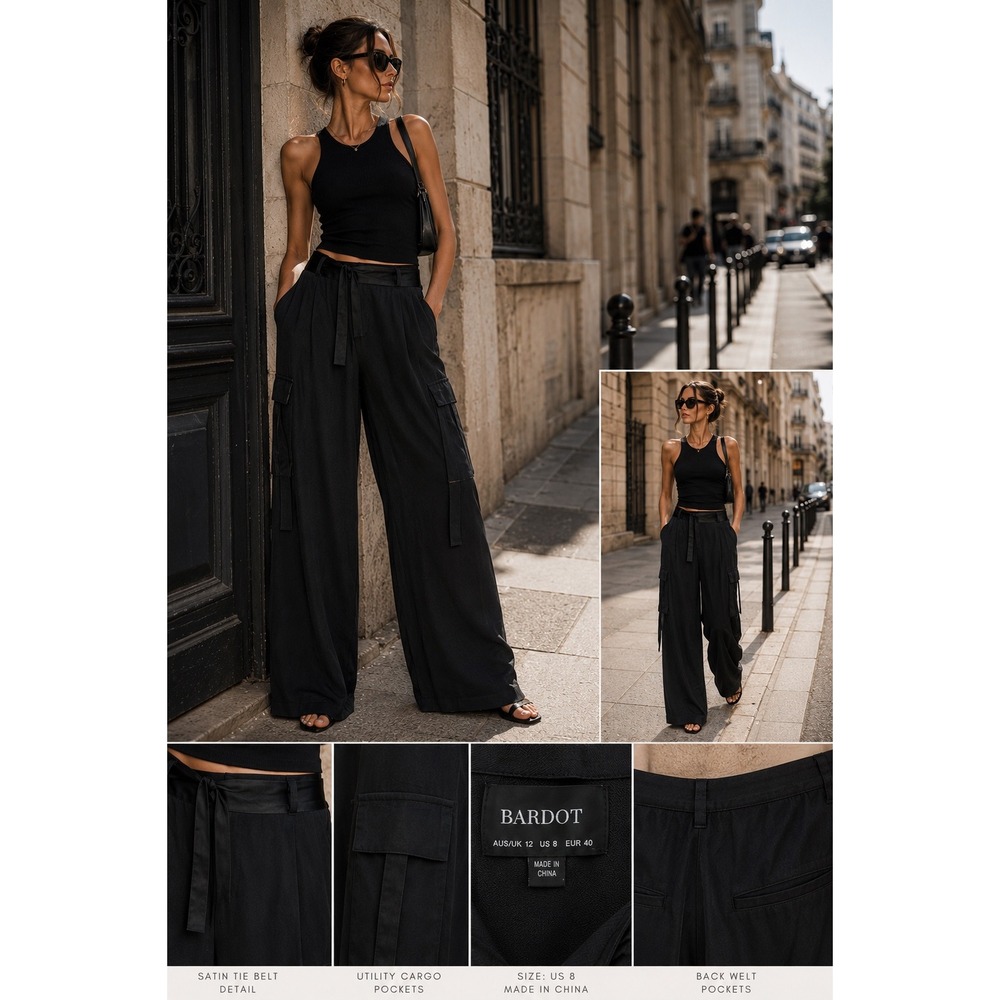 Bardot Wide Leg Cargo Trousers Black High Rise Draped Utility Pants 8